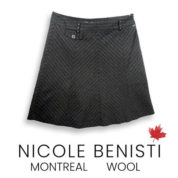 Nicole Benisti Point Zero Montreal Canada wool grey herring bone midi skirt 13 - Picture 1 of 4